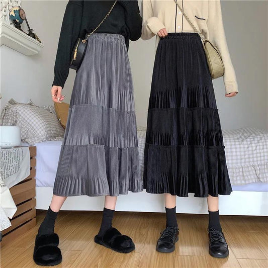 High Waist Gold Velvet Pleated Skirt Mid-length Long Skirt Solid Color All-match Skirt Autumn and Winter Female A-line Skirt