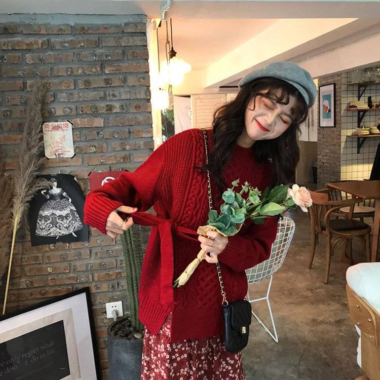 Pofulove Lace Up Design Retro Split Sweater Twist Loose Long-sleeved Knitted Sweater Women