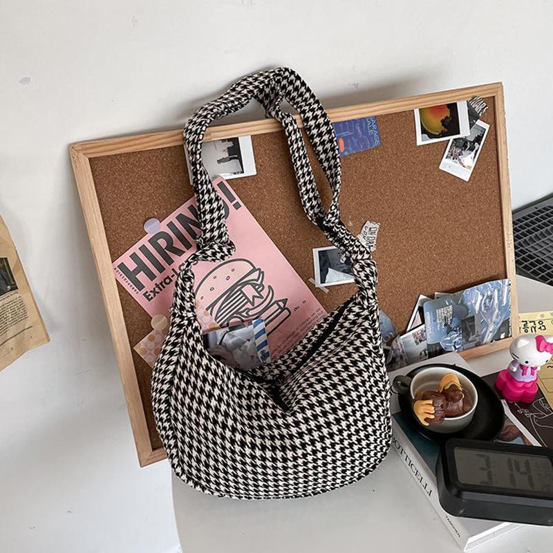 Women Houndstooth Diagonal Bag Canvas Travel Casual Large Daily Shoulder Tote Shopper Handbag Simple