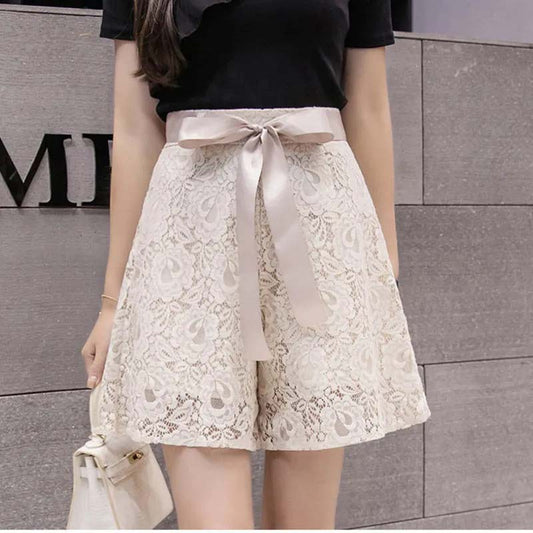 Lace Embroidered Bow Shorts Women Summer Korean Thin Wide-leg Short Pants A-line Bottoms Casual Temperament Shorts High Waist Temperament Short Pants
