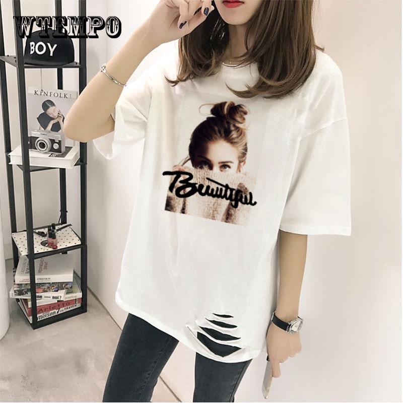 Short Sleeve Casual T-shirts Women Loose Printing White Tshirt Top For Female Summer