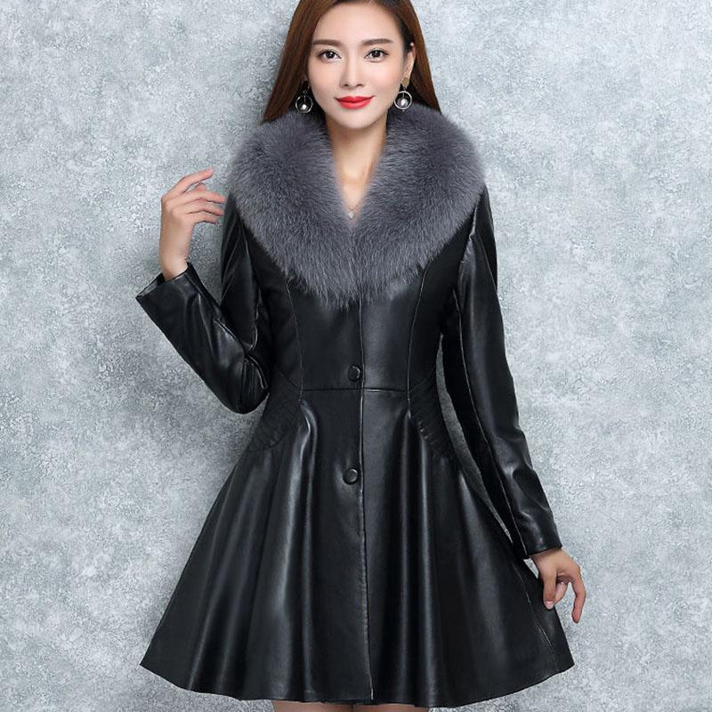 Winter Imitation Fox Fur Collar and Cotton Fur Mid-length Slim Fit All-match Leather Jacket Fashion Simple Female Jacket