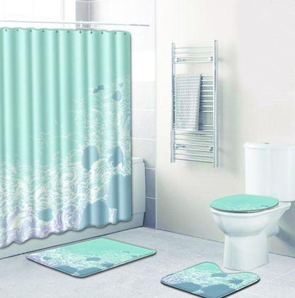 4-piece Shower Curtain and Cushion Bathroom Set Shower Curtain Non-slip Bath Mat Toilet Seat Cover Carpet Home Decor