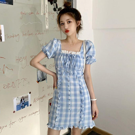 Female Spring and Summer Simple and Gentle Waist Close Show Thin Bubble Sleeve Lattice French Niche Dress