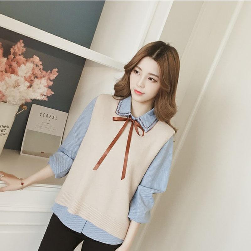 Spring and Autumn Striped Shirt Vest Two-piece Knitted Suit Vest Fashion Simple Female Sweater