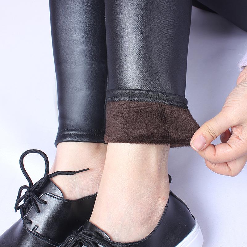 Large Size Faux Leather Pants Fashion High Waist Slimming Warm Pants Plus Velvet Thickening Women's Winter Leggings