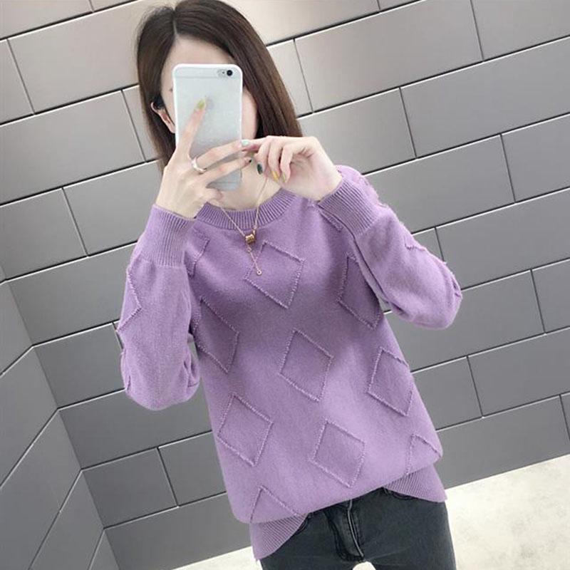 Warm O-neck Sweater Solid Color Rhombus Sweater Knitted Plain Sweater Women Knitwear Purple Sweater