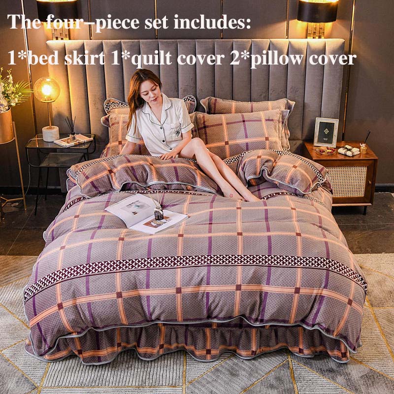 Warm Printing Four-piece Double-sided Fleece Bed Skirt Quilt Cover Pillowcase Set Bedding