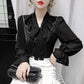 Spring and Summer Tied Wide Loose Long-sleeved Bow-knot Shirt Female Design Sense Niche Chiffon Shirt Top Trumpet Sleeve Bow Neckline Lady
