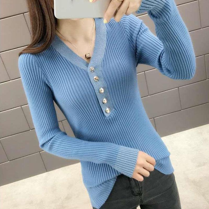 Autumn and Winter V-neck Knitted Bottoming Shirt, Short Long-sleeved Inner Sweater, Fashionable and Simple Female Top