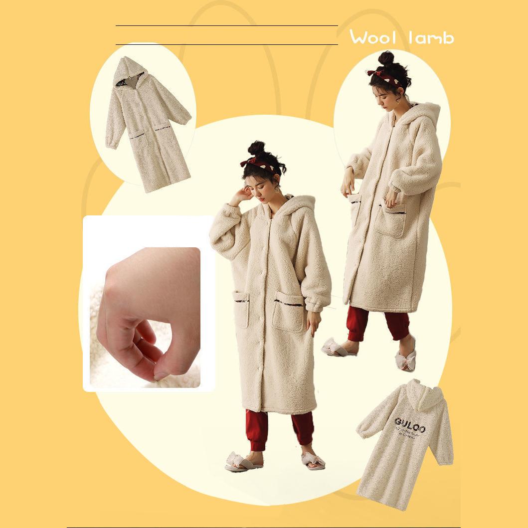 Women's Pajamas Winter Velvet Warm Pyjamas Long Bathrobe Casual Loose Homewear Cartoon Cute Sleepwear Hooded Long Sleeve Thick Fleece Clothing
