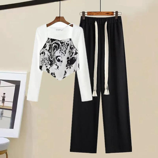 2PCS Women's Suit Autumn Pure Desire Gentle Long-Sleeve Top + Floor-Mopping Wide-Leg Trousers Two-piece Set Casual Personality Girl Jogging Suit