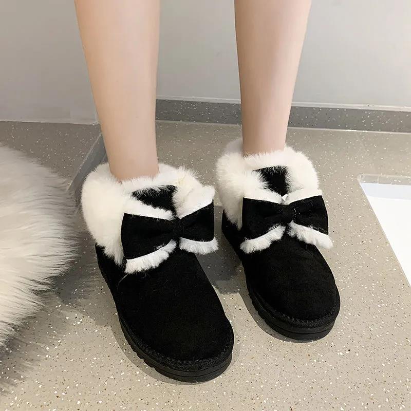Snow Boots Women's Winter Bowknot Students Cute and Velvet To Keep Warm Wearing Thick-soled Non-slip Cotton Shoes
