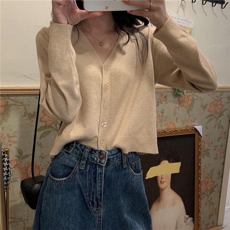 Spring and Autumn Style V-neck Cardigan Short Long Sleeve Top Jacket Thin Sweater Knitwear Women's Trend