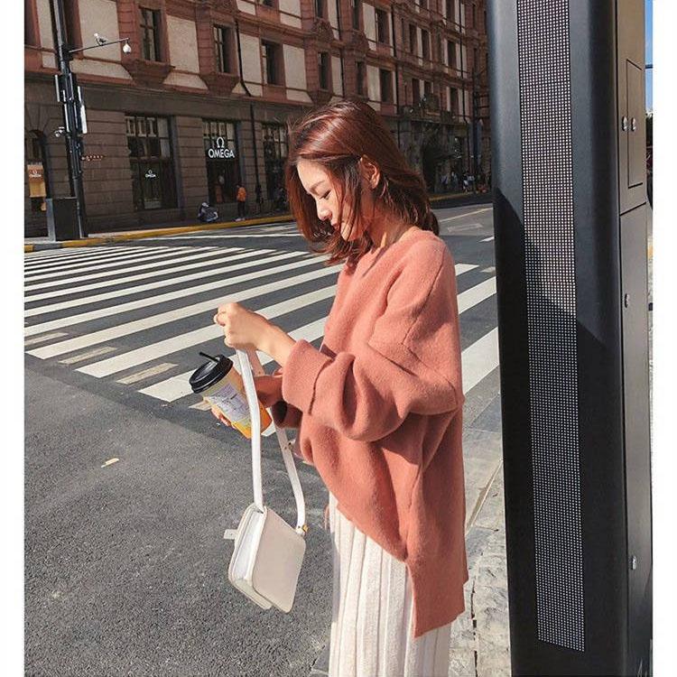 Solid Color Loose Sweater Women's Round Neck Pullover Long-sleeved Wild Thick Sweater