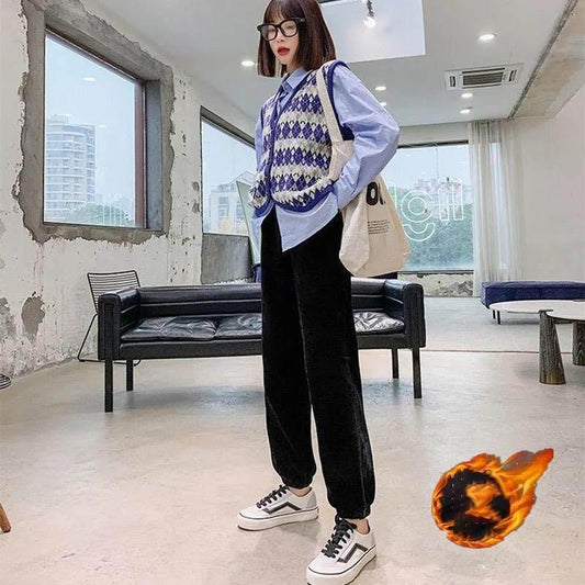 Autumn and Winter Trousers Women's Loose and Thin Fashion Trend Wild Plus Velvet Harlan Leisure Sports Trousers