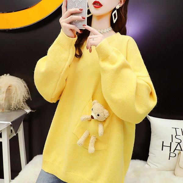 Cute Style Design Sense Bear Sweater Women's Pullover Loose Knitwear Tide Autumn Long-sleeved Pocket Blouse