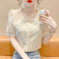 Floral Bubble Short-sleeved Top Design Sense Niche French Sweet Doll Collar Top Women
