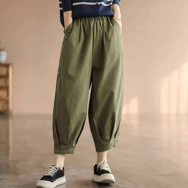 Women's Summer Loose and Thin Harem Pants Ladies Retro Solid Color Casual Pants Elastic Waist Nine-point Pants Comfortable Casual Cropped Cargo Pants