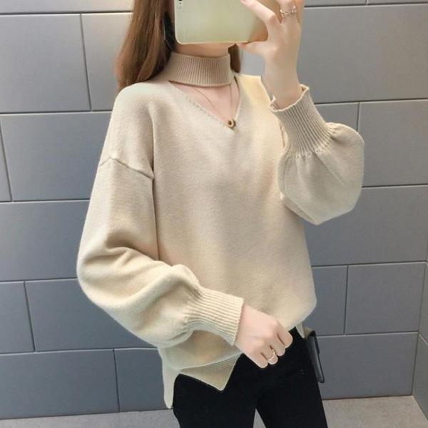 Autumn and Winter Loose Short Sweater Women's Half High Neck Lantern Sleeve Knit Sweater Solid Color Comfortable Bottoming Shirt Outer Wear