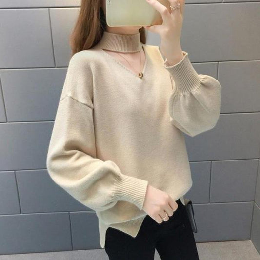 Autumn and Winter Loose Short Sweater Women's Half High Neck Lantern Sleeve Knit Sweater Solid Color Comfortable Bottoming Shirt Outer Wear