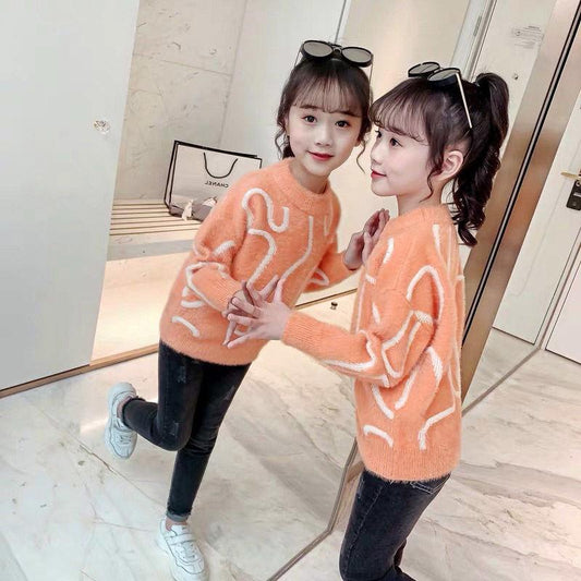 Autumn and Winter Thick Sweater Round Neck Low Neck Long Sleeve Sweater Little Girl Fashion Jacket