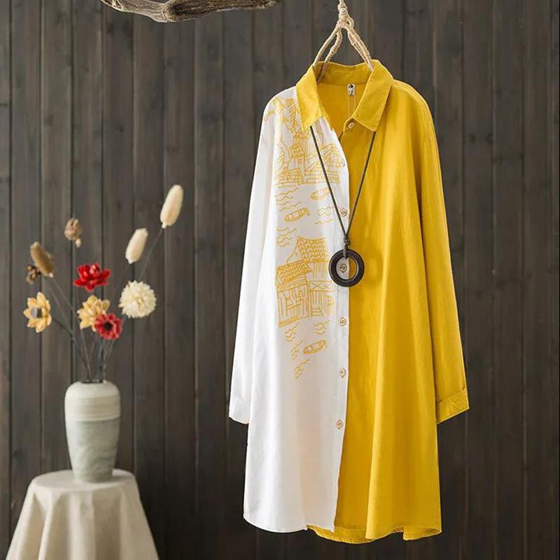 Ladies Cardigan Shirt Top Long-sleeved Loose-embroidered Cotton and Linen Literary Mid-length Shirt