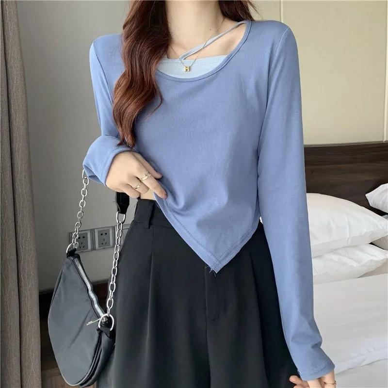 Short T-shirt Women's Spring and Autumn Irregular T-shirt Slim Long-sleeved Top