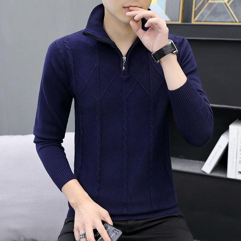 Sweater Wool Men's Slim Solid Color Knitted Half High Neck Zipper Pullover Sweater Bottoming Shirt