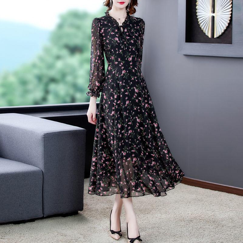 Spring Summer Plus Size Women's Floral Dress Chiffon Long-sleeved Dress Slim Slimming Casual Long Skirt
