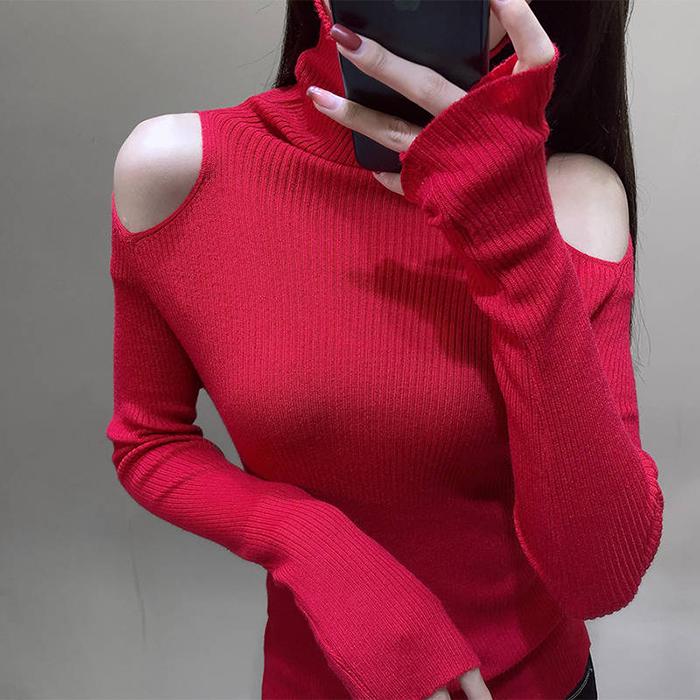 Pofulove Women Sexy Solid Off-shoulder Turtleneck Pullover Sweater Thin Knitted Bottoming Shirt Top