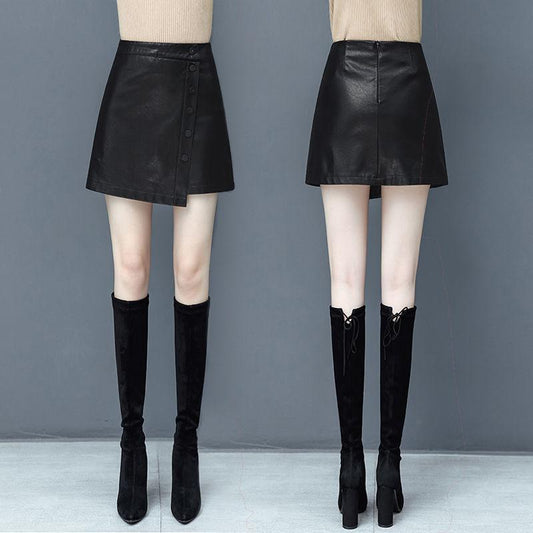 Women's Leather Skirt Black Autumn  Winter High Waist Package Hip Skirt Irregular A-line Bodycon Skirt