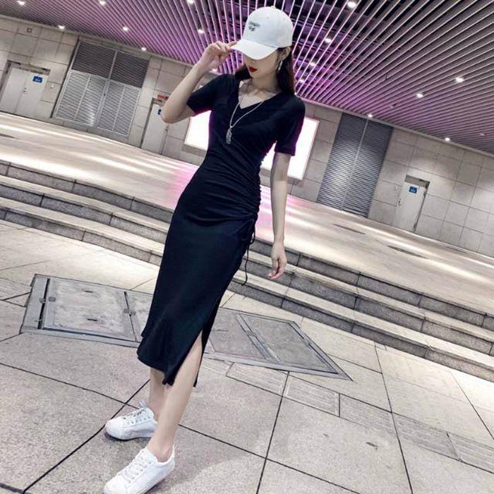 Pofulove S-XL Women Short-sleeved Split Drawstring A-line Dress Sexy Long Knit V-neck T-shirt Dress