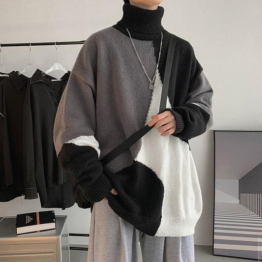 Turtleneck Sweater Men's Autumn and Winter Trend Color Matching Thick Knit Sweater Korean Version of All-match Loose Sweater