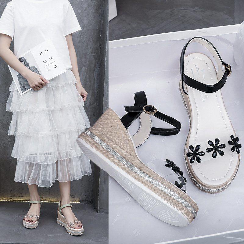 Women's Sandals Super High-heeled Wedge with Open Toe Flower Platform Sandals Waterproof Platform All-match Buckle Women's Shoes