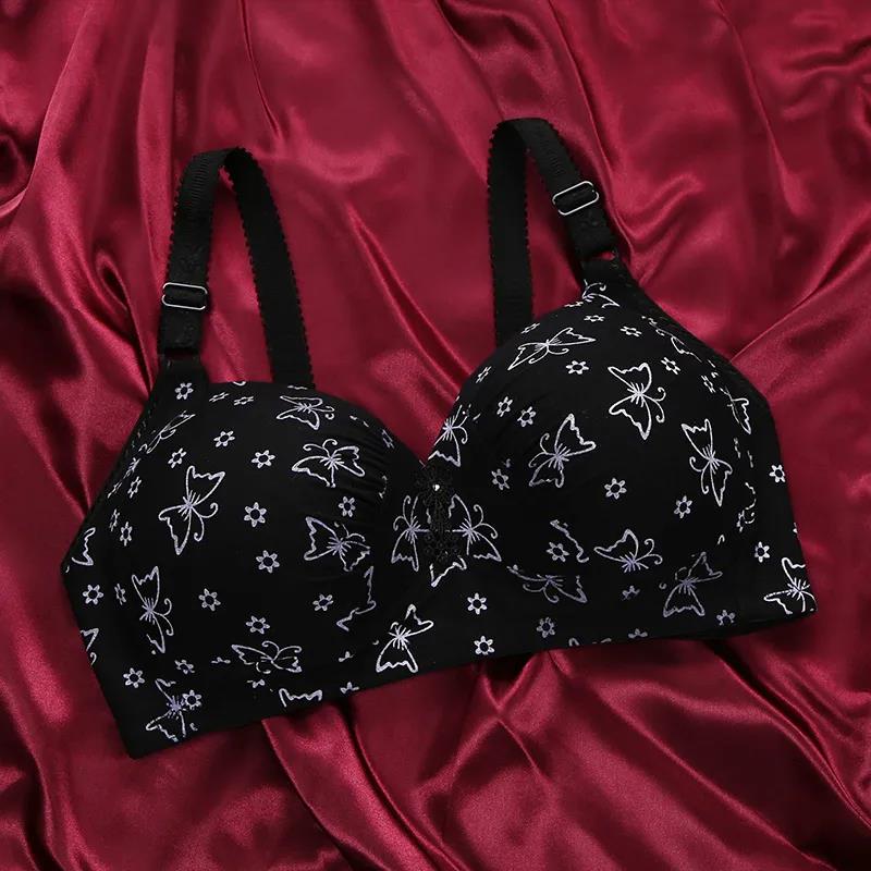 Ladies Thin Underwear Without Steel Rings Large Size Printing Soft Micro-elastic Breathable Exquisite Shoulder Strap Adjustable Push-Up Bra