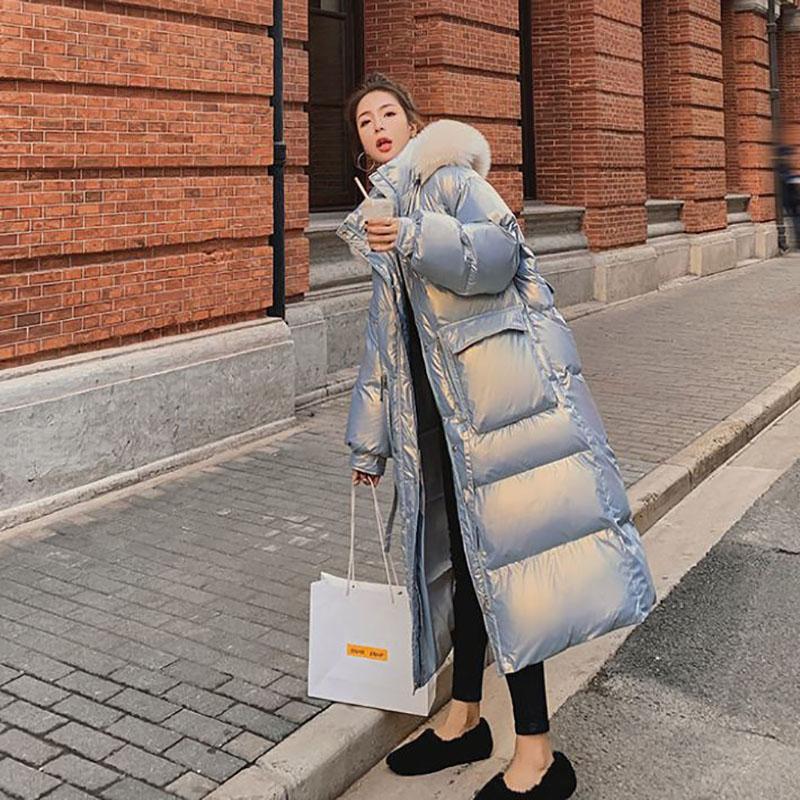 Shiny Down Cotton Jacket Fashion Color Hooded Jacket Winter Thicken Warm Long Over-the-knee Cotton Jacket Suitable for Women