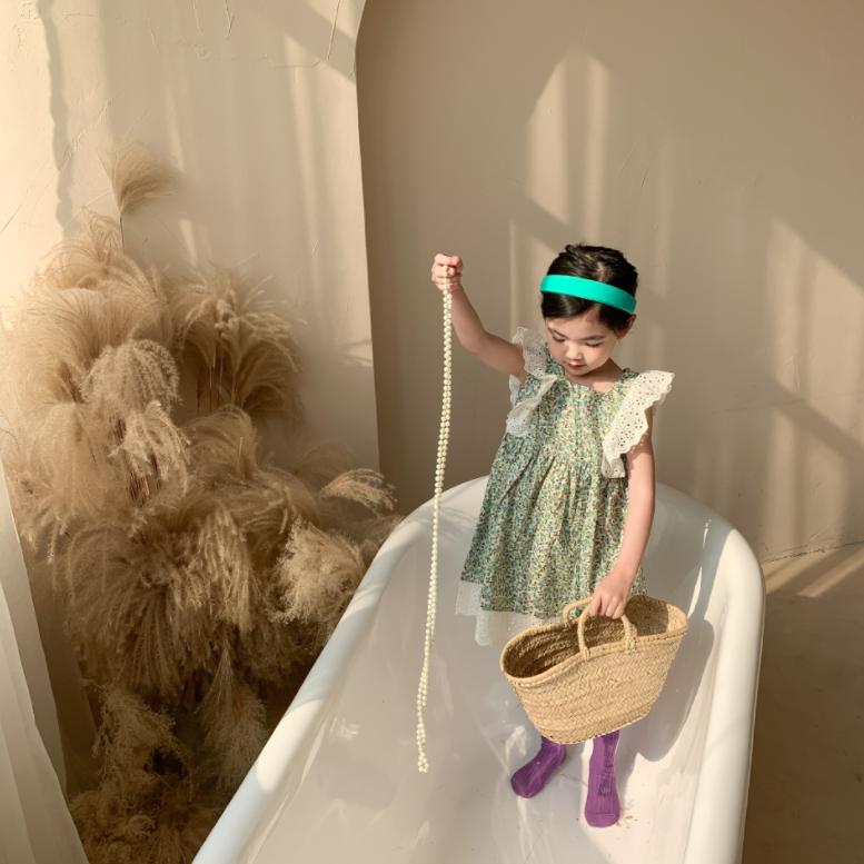Spring and Summer Girl's Printing Lovely Skirt Baby Lace Shoulder Skirt Children's Dress Idyllic Style