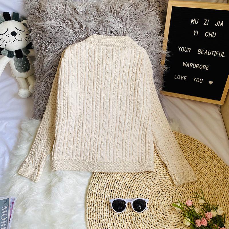Women's Short Knitted Cardigan Autumn Winter Solid Color Sweater Coat Women's Pearl Button Twist Knit Top Cardigan Sweaters with Pockets