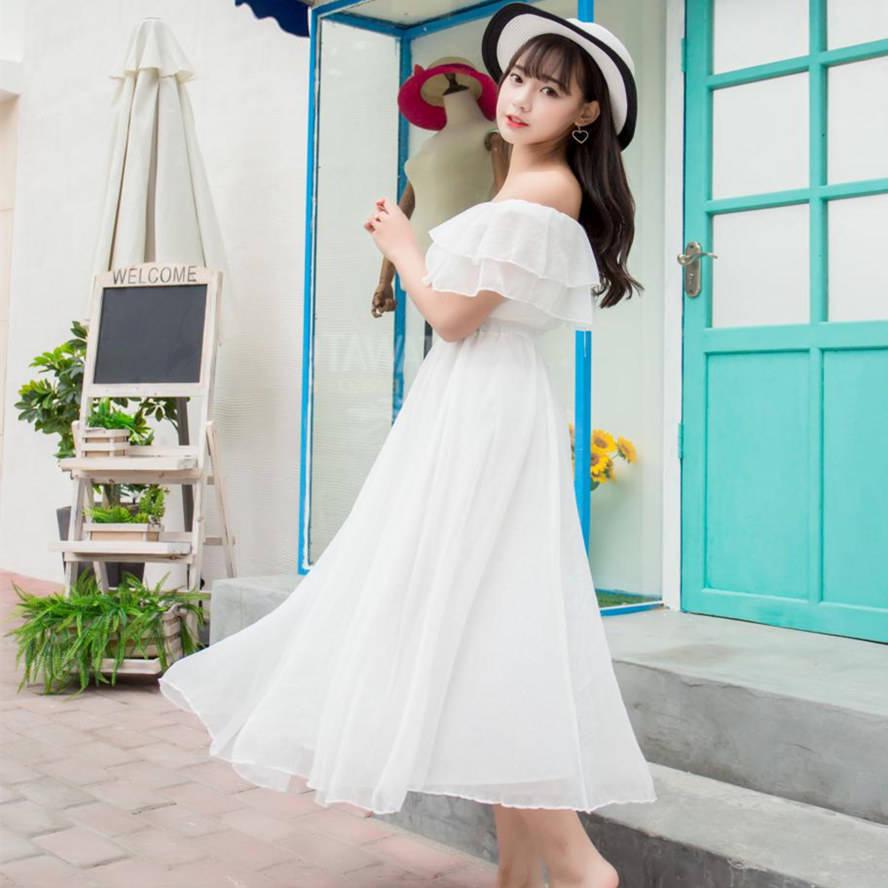 Pofulove Vacation Beach Strapless dress Off-shoulder Ruffled Sexy slash neck Chiffon dress Summer