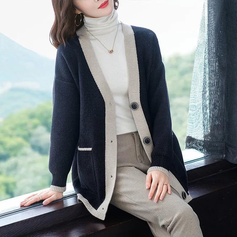 Knitted Cardigan Ladies Spring and Autumn Embroidered Pocket Loose V-Neck Thickened Plus Size Sweater Jacket