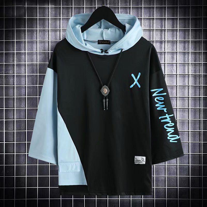 Summer Short-sleeved Suit Male Student Korean Version Trend Loose Hooded Three-quarter Sleeve Top Hong Kong Style Sports Pants Two-piece Set
