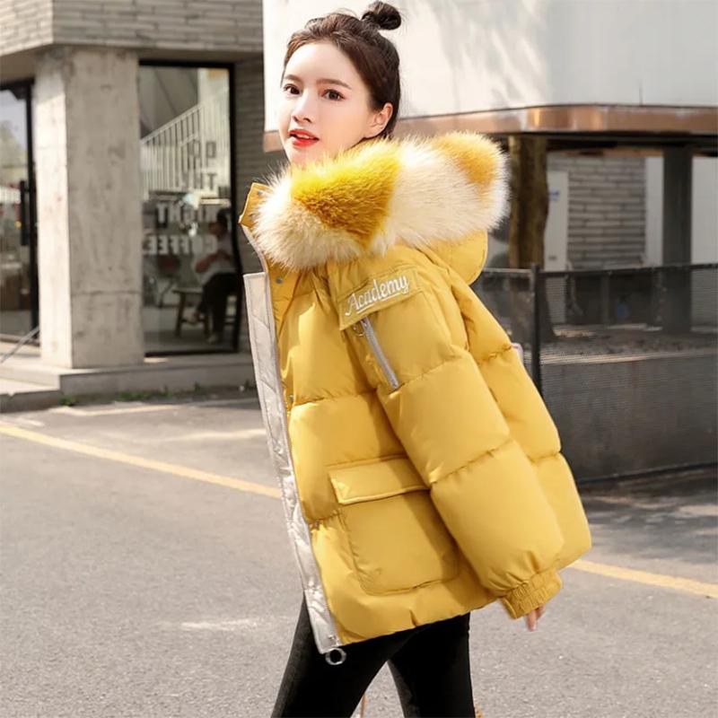 Women's Solid Color Down Jacket Regular Korean Loose Thick Coat Warm Cotton Coat Big Fur Collar Winter Clothes Quilted Coat