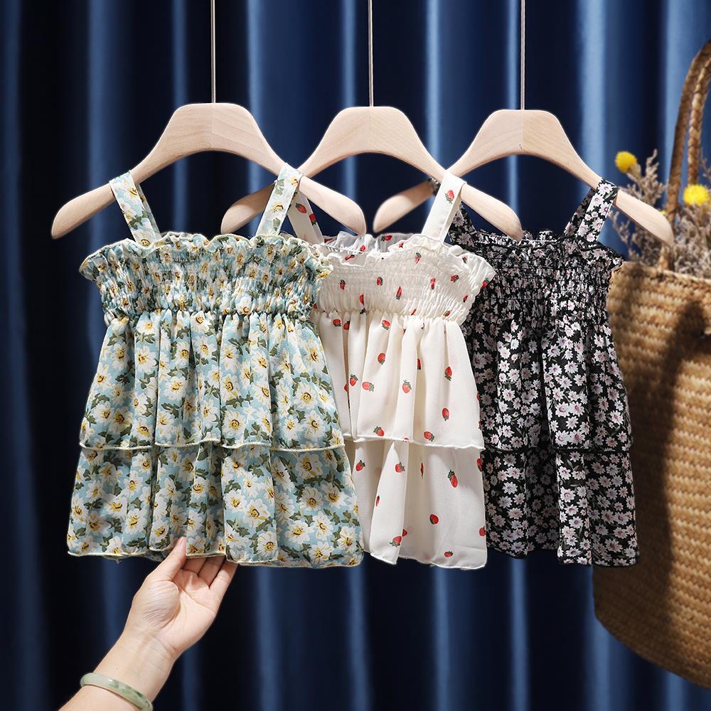Children Dress Girls Summer Thin Dress Suspender Dress Floral Strapless Princess Dress Ruffled Vest Skirt