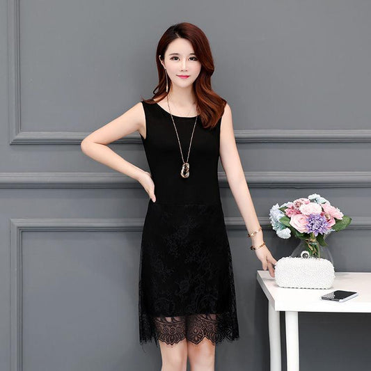 Female Vintage High Waist Casual Dress Elegant Slim Lace Sleeveless A-line Dress Solid Color Base Vest Dress