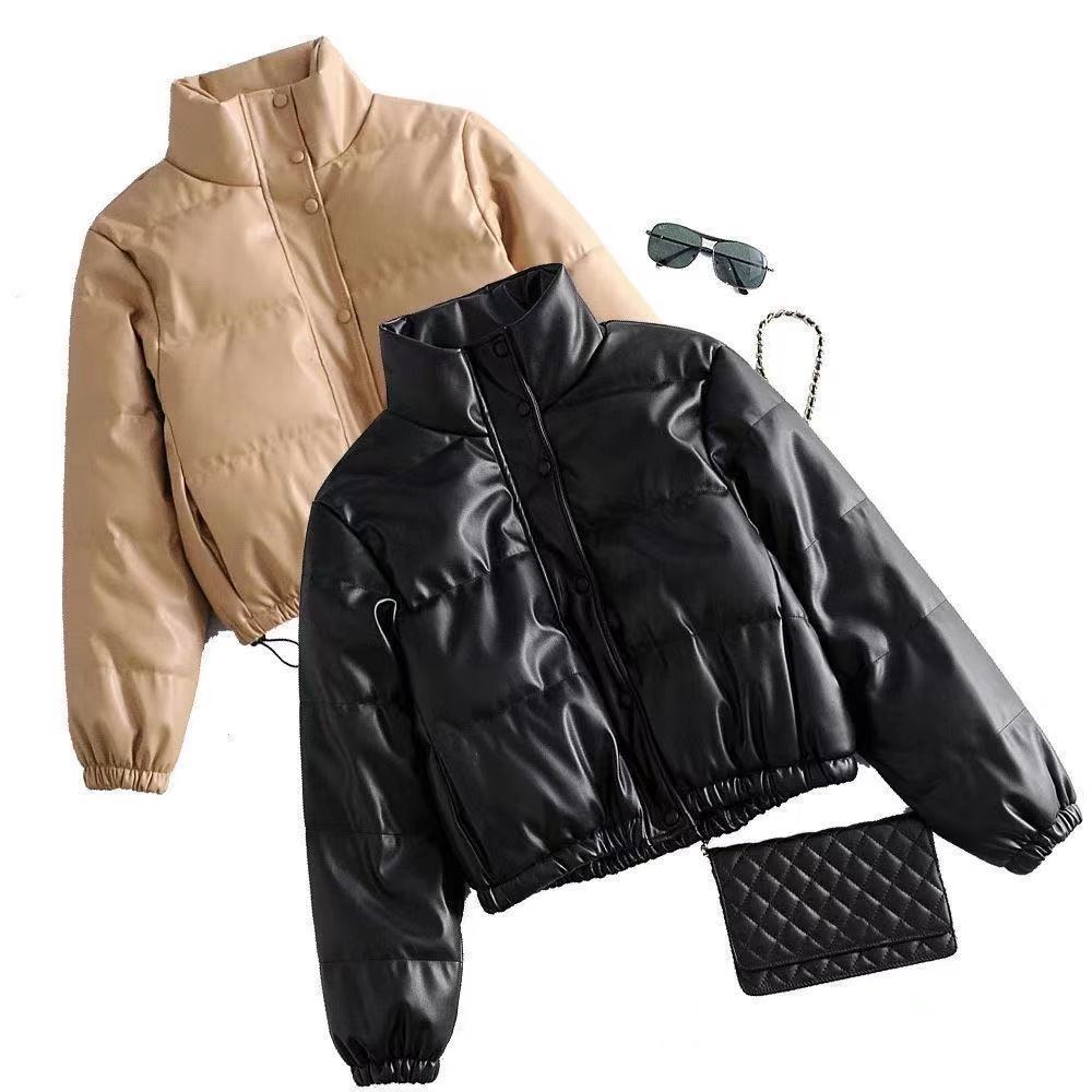 Stand-up Collar Short Street Motorcycle Warmth Loose Imitation Leather Jacket Padded Coat Women