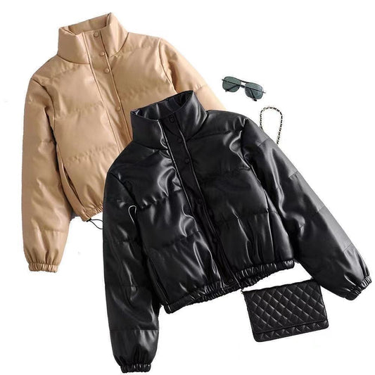 Stand-up Collar Short Street Motorcycle Warmth Loose Imitation Leather Jacket Padded Coat Women