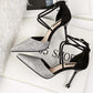 Crystal Sequins Pointed Toe High Heels Stiletto Buckle Hollow Single Shoes Cross Strap Women Sandals