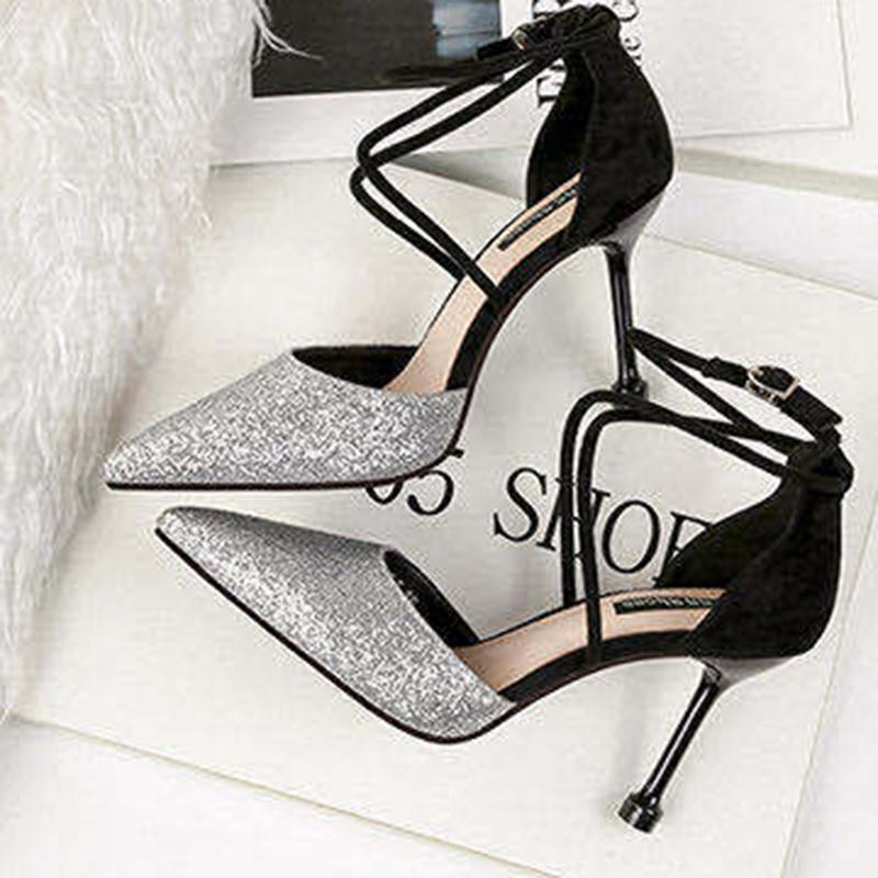 Crystal Sequins Pointed Toe High Heels Stiletto Buckle Hollow Single Shoes Cross Strap Women Sandals