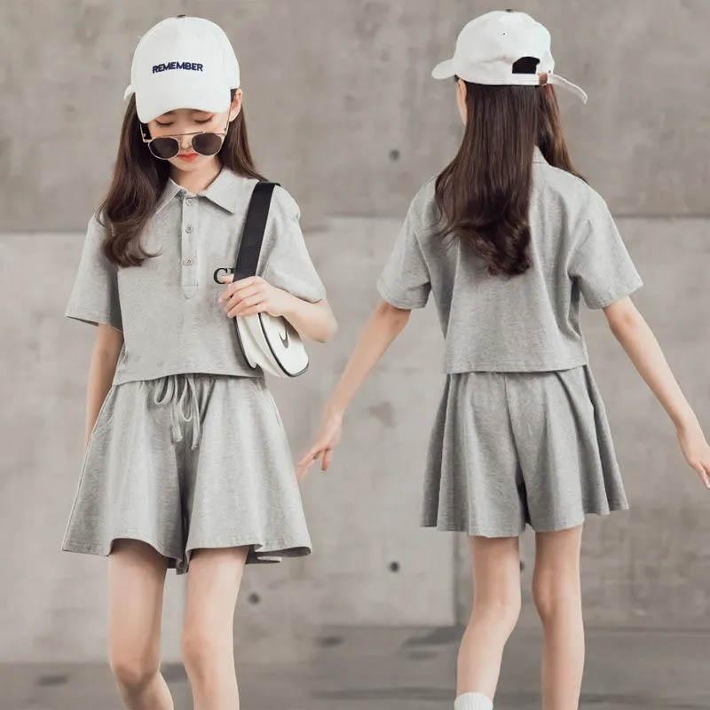 Girls Summer Cotton Suit Breathable Sweat-absorbing Soft and Comfortable Short-sleeved Casual Sports T-shirt + Shorts Two-piece Set